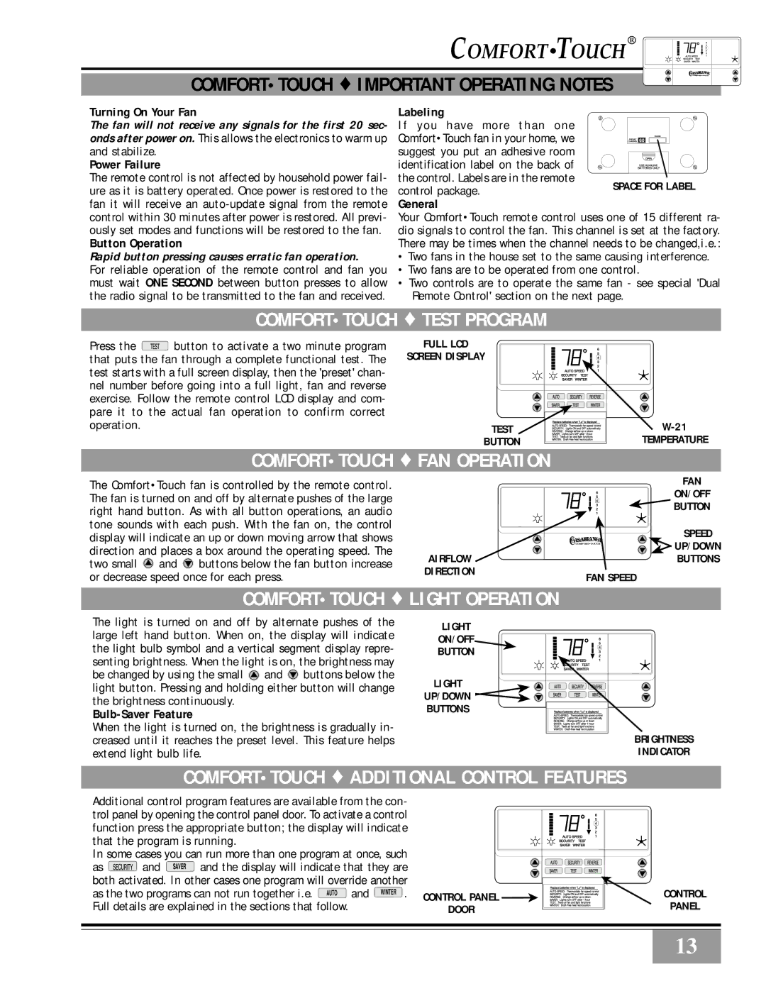 Casablanca Fan Company Metropolitan Comforttouch Test Program, Comforttouch FAN Operation, Comforttouch Light Operation 