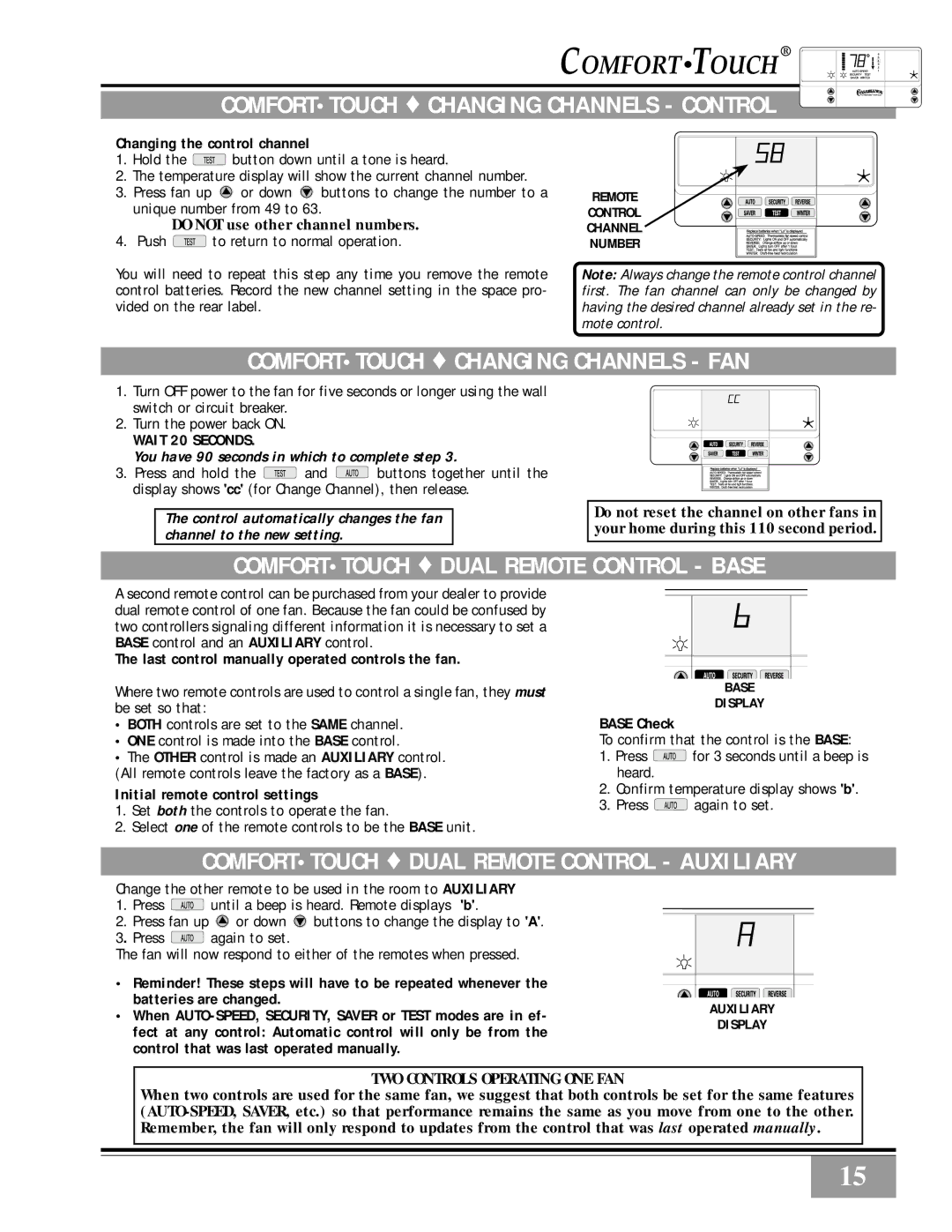 Casablanca Fan Company Metropolitan manual Comforttouch Changing Channels Control, Comforttouch Changing Channels FAN 