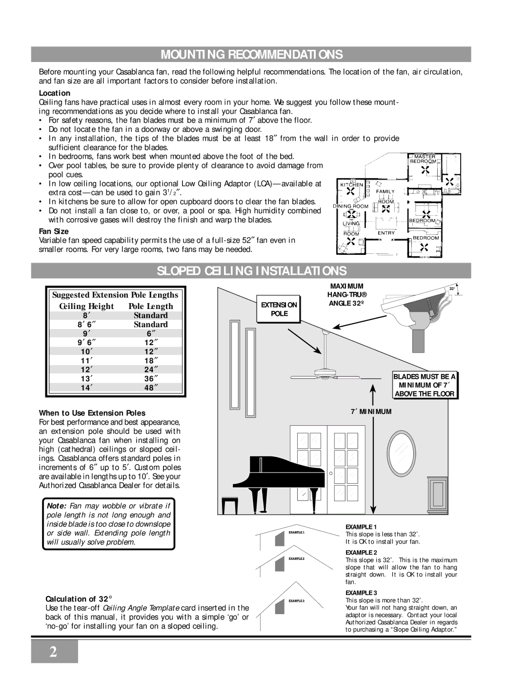 Casablanca Fan Company Metropolitan manual Mounting Recommendations, Sloped Ceiling Installations 