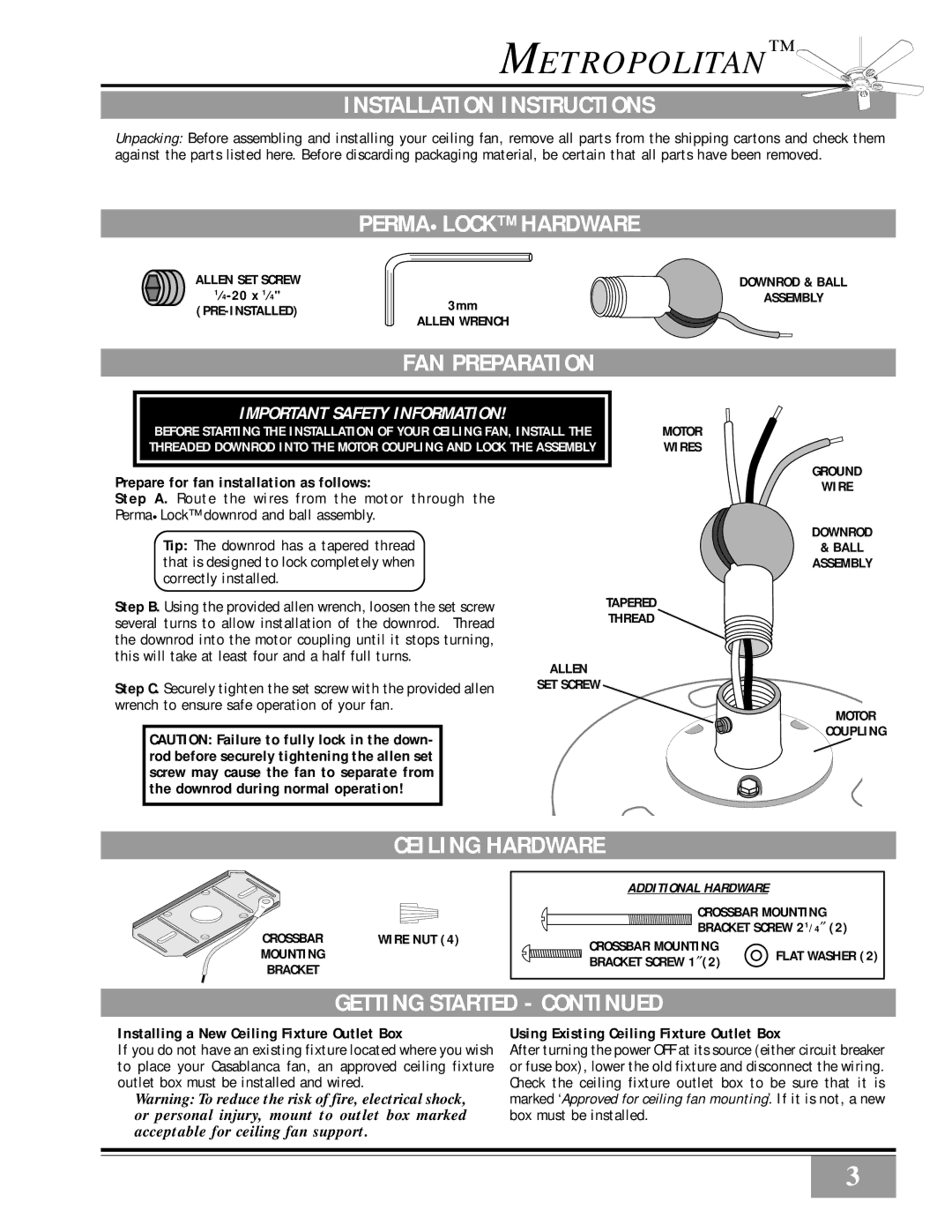 Casablanca Fan Company Metropolitan manual Installation Instructions, Permalock Hardware, FAN Preparation, Ceiling Hardware 