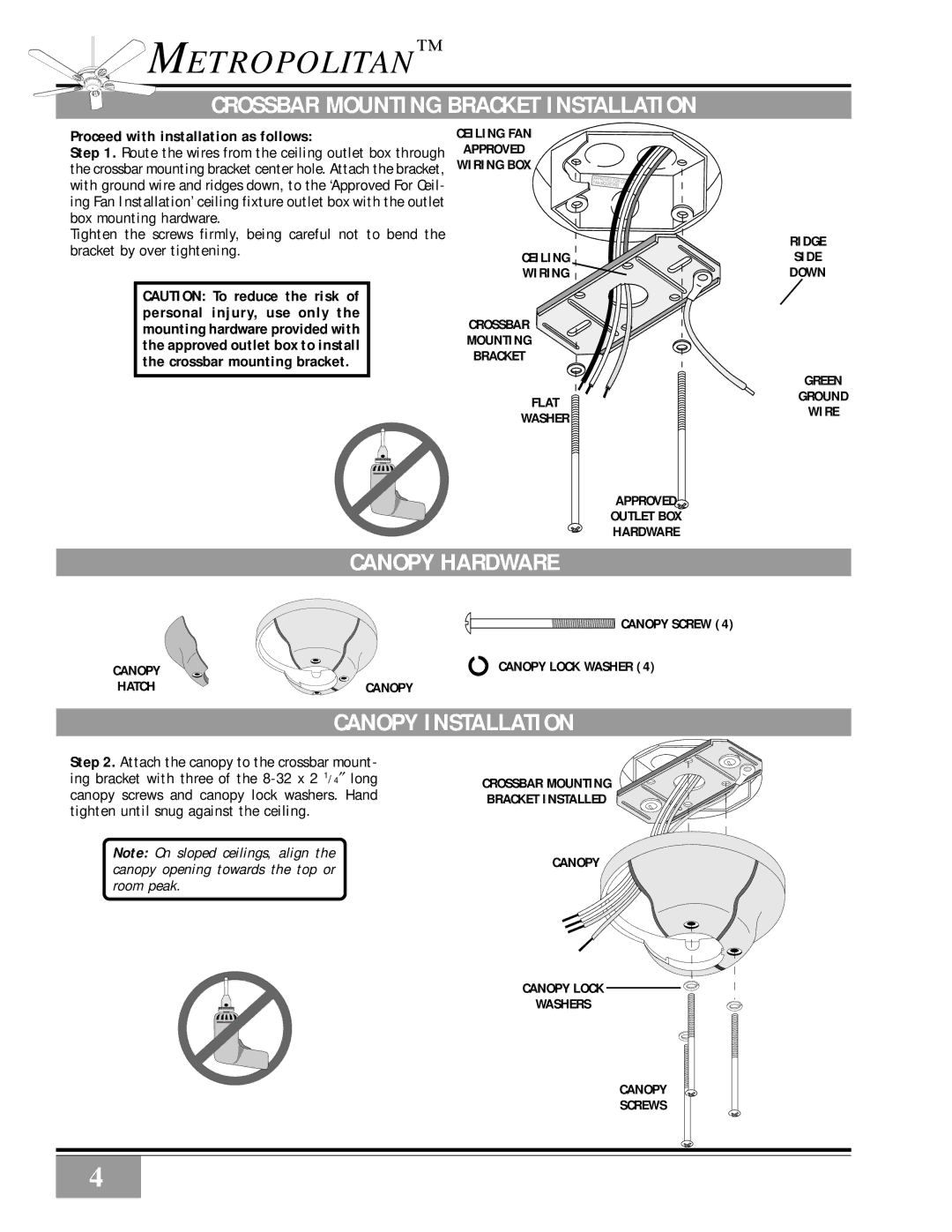 Casablanca Fan Company Metropolitan manual Crossbar Mounting Bracket Installation, Canopy Hardware, Canopy Installation 