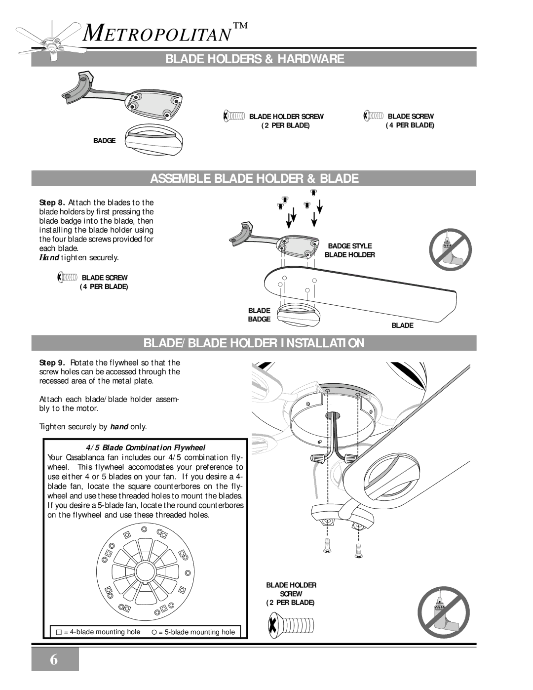 Casablanca Fan Company Metropolitan manual Blade Holders & Hardware, Assemble Blade Holder & Blade 