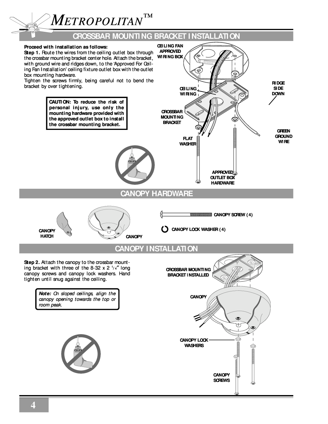 Casablanca Fan Company Metropolitan manual Crossbar Mounting Bracket Installation, Canopy Hardware, Canopy Installation 