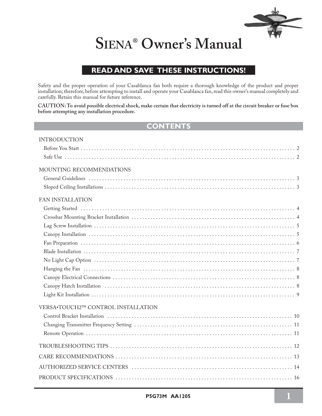 Casablanca Fan Company PSG73M owner manual Read and Save These Instructions Contents 