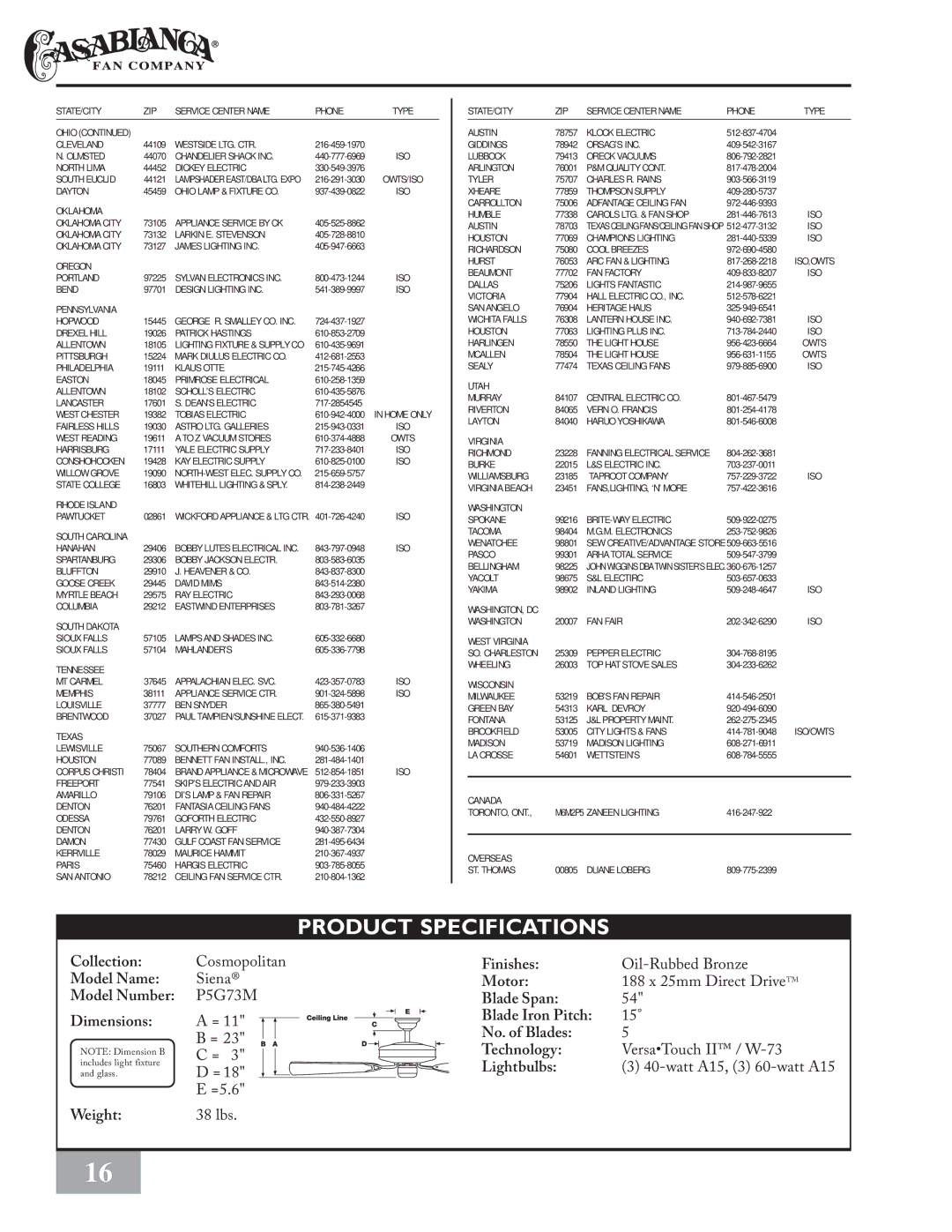 Casablanca Fan Company PSG73M owner manual Product Specifications 