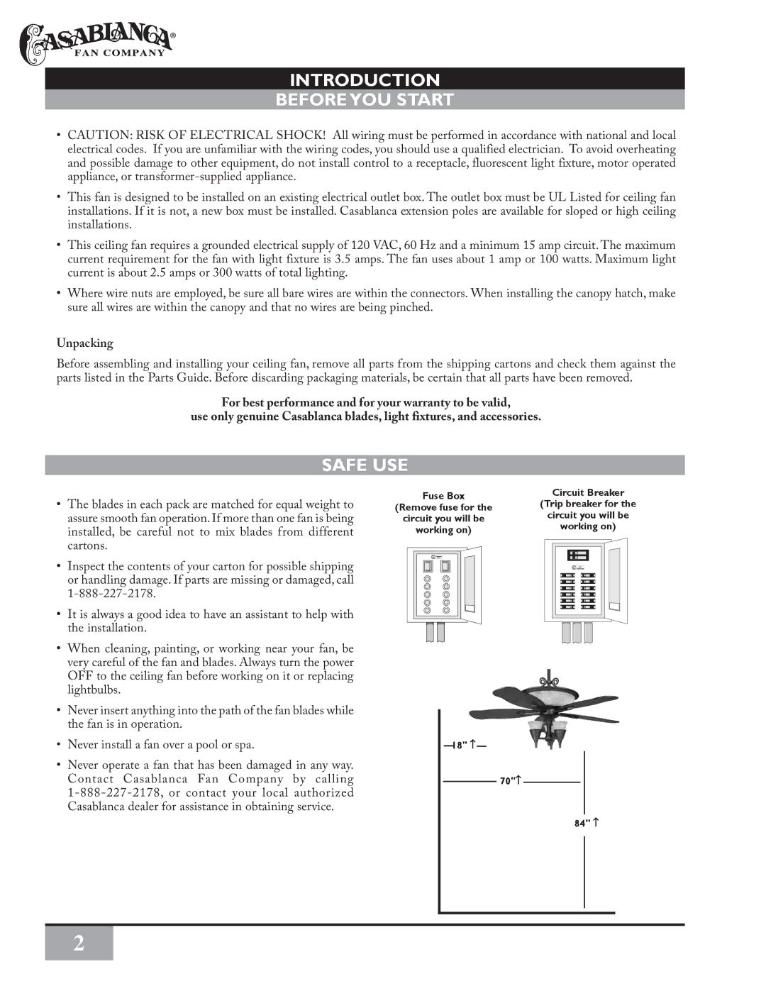 Casablanca Fan Company PSG73M owner manual Introduction Before YOU Start, Safe USE, Unpacking 