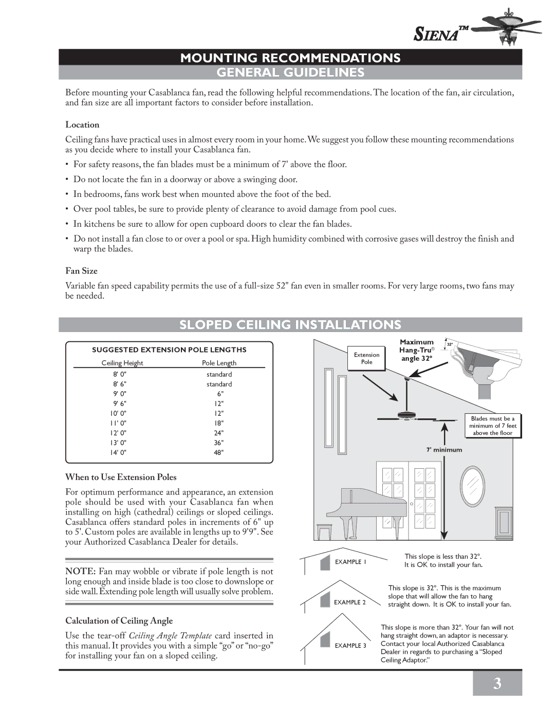 Casablanca Fan Company PSG73M owner manual Mounting Recommendations General Guidelines, Sloped Ceiling Installations 