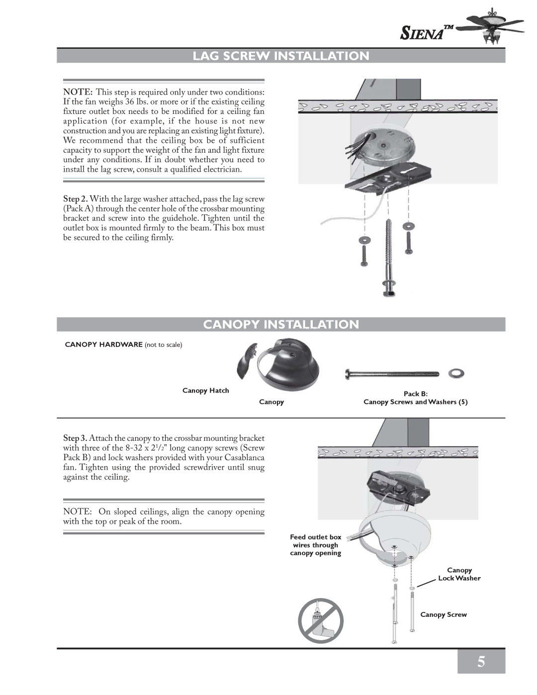 Casablanca Fan Company PSG73M owner manual LAG Screw Installation, Canopy Installation 