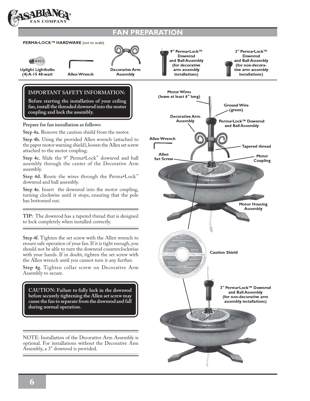 Casablanca Fan Company PSG73M owner manual FAN Preparation, Prepare for fan installation as follows 