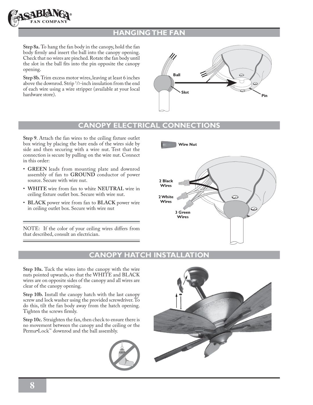 Casablanca Fan Company PSG73M owner manual Hanging the FAN, Canopy Electrical Connections, Canopy Hatch Installation 