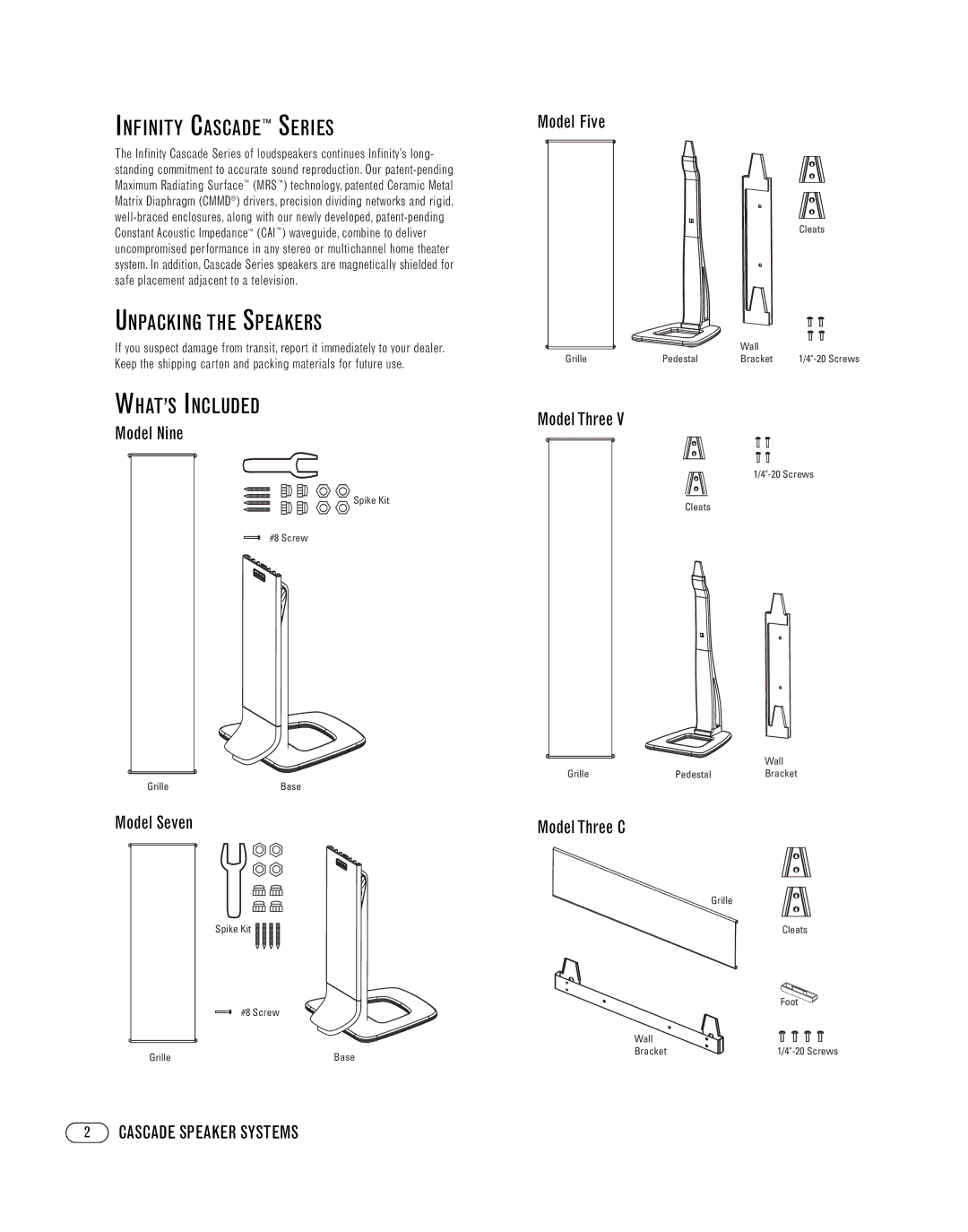 Cascade 3V, 9, 7, 3C manual Infinity Cascade Series, Unpacking the Speakers, WHAT’S Included 