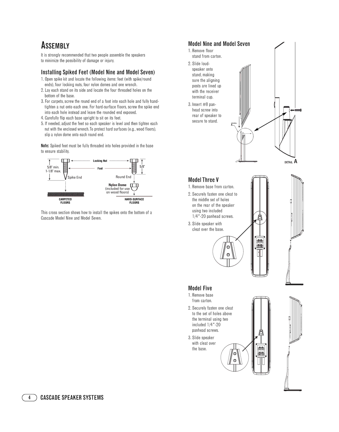 Cascade 9, 7, 3V, 3C manual Assembly, Installing Spiked Feet Model Nine and Model Seven 