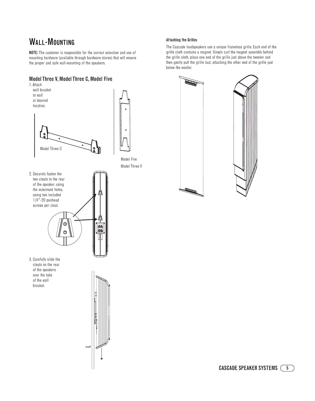 Cascade 7, 9, 3V Wall-Mounting, Model Three V, Model Three C, Model Five, Model Three C Model Five, Attaching the Grilles 