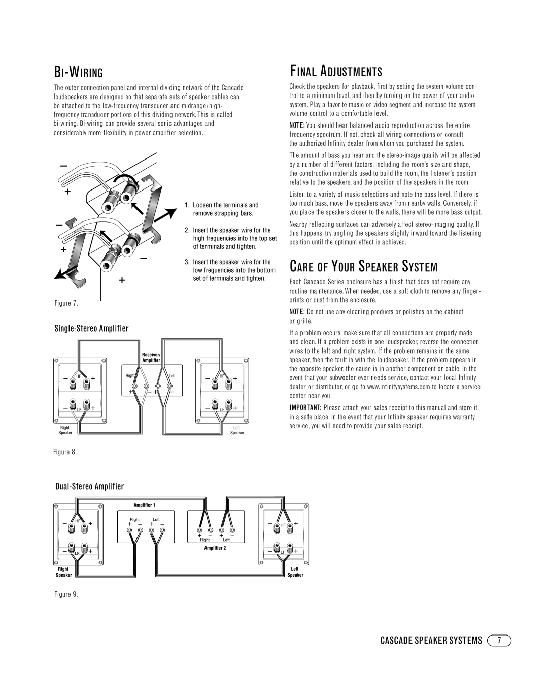 Cascade 3C, 9, 7, 3V manual Bi-Wiring, Final Adjustments, Care of Your Speaker System 