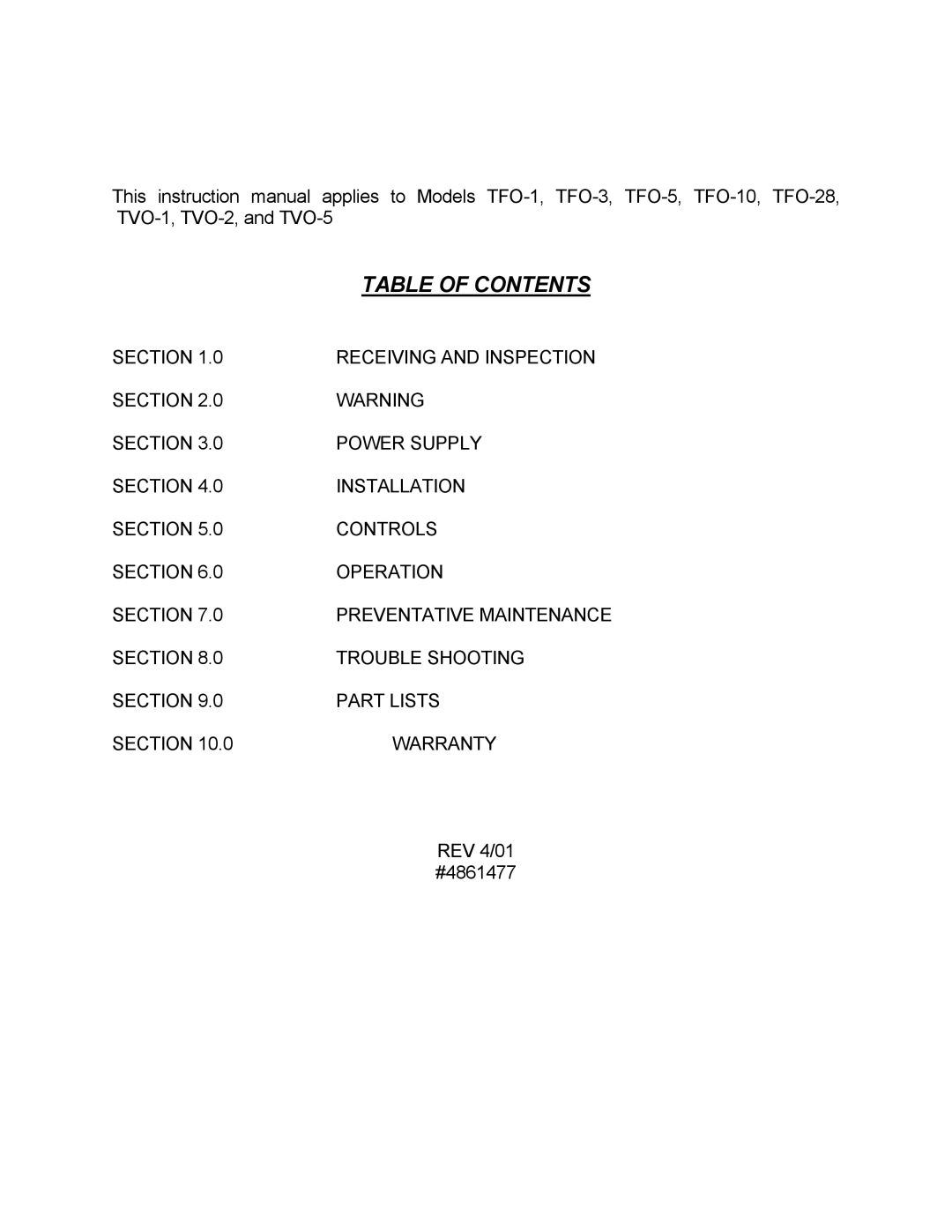 Cascade TFO-10, TVO-5, TFO-5, TVO-1, TVO-2, TFO-3, TFO-28 manual Table of Contents 