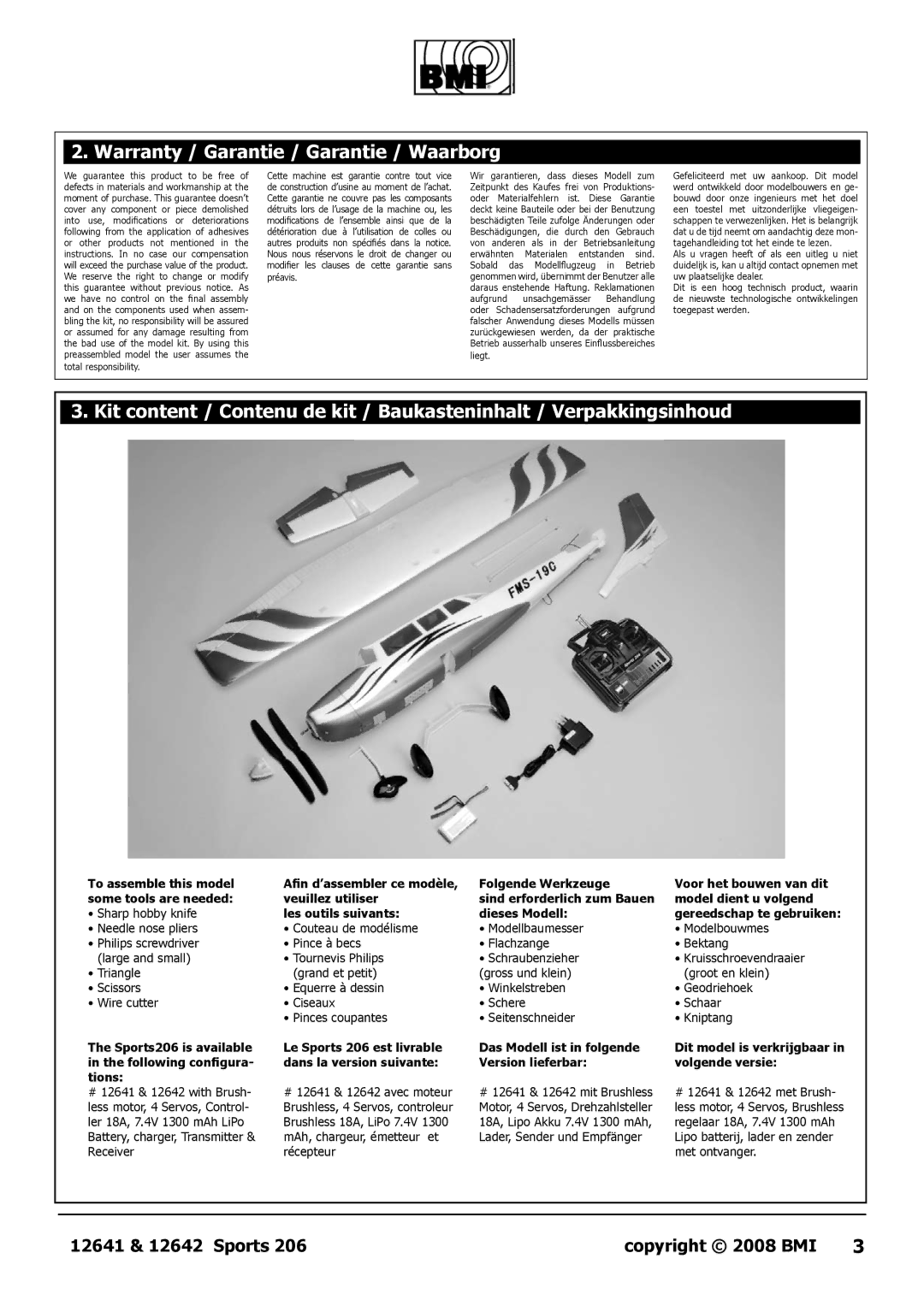 Case It/BMI manual Warranty / Garantie / Garantie / Waarborg, Sports206 is available in the following configura- tions 