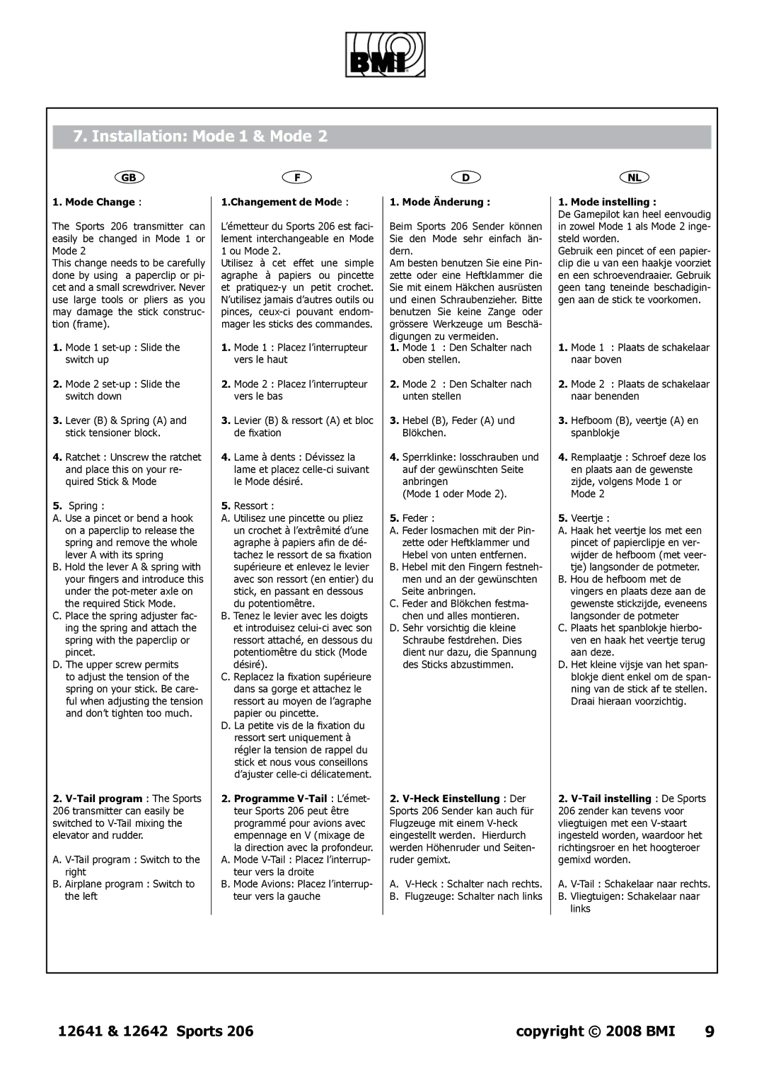 Case It/BMI 206 manual Mode Change, Tail program The Sports, Changement de Mode, Mode Änderung, Mode instelling 