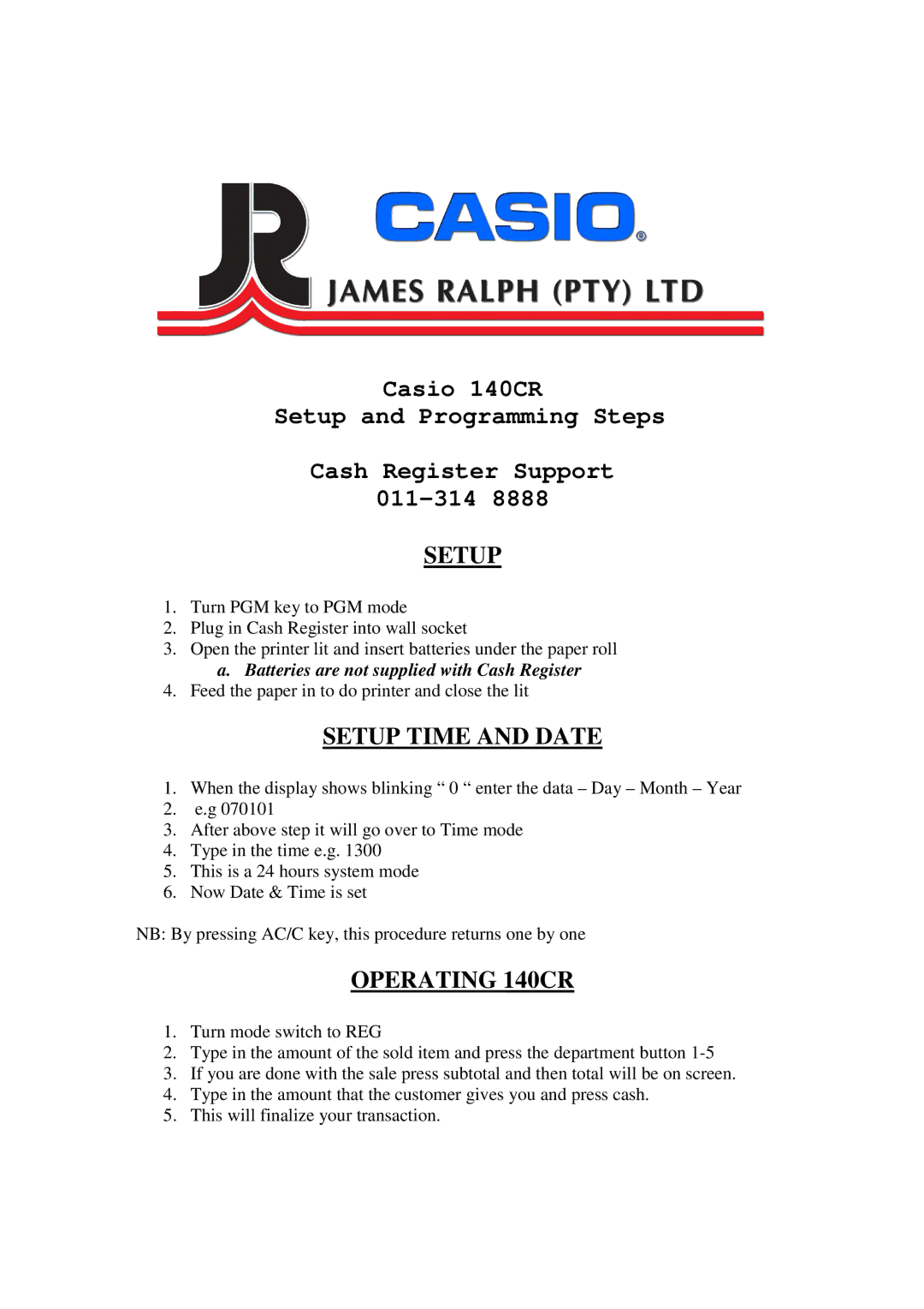 Casio manual Setup Time and Date, Operating 140CR 