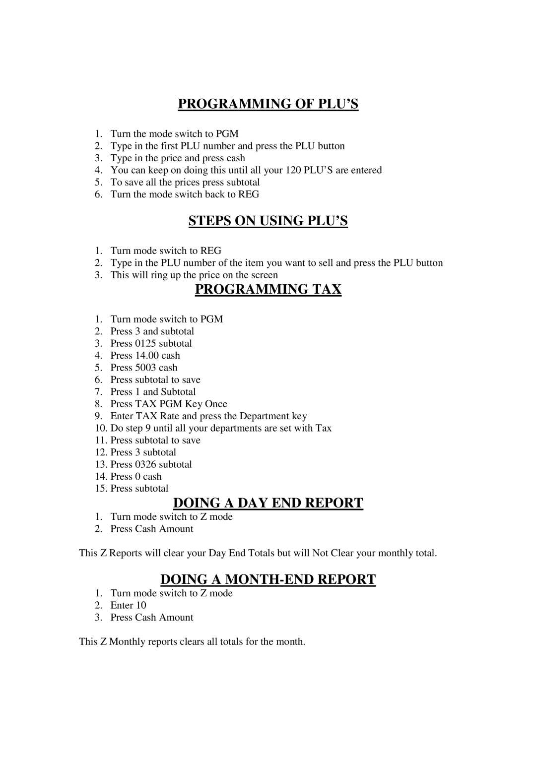 Casio 140CR Programming of PLU’S, Steps on Using PLU’S, Programming TAX, Doing a DAY END Report, Doing a MONTH-END Report 