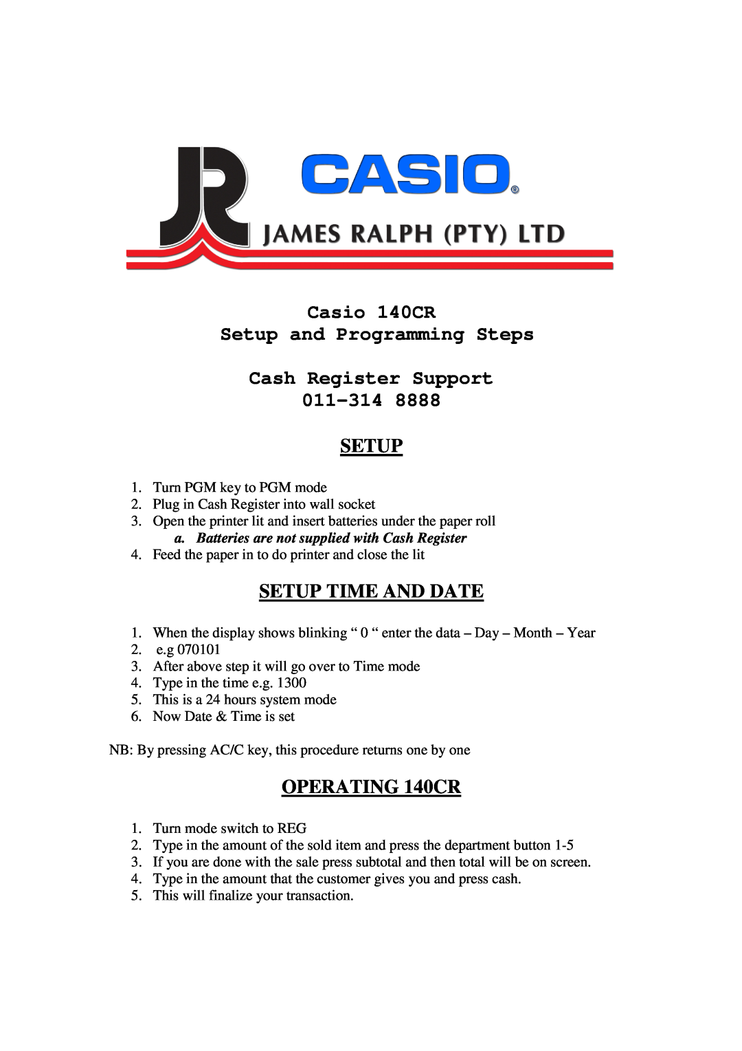 Casio manual Setup Time And Date, OPERATING 140CR 
