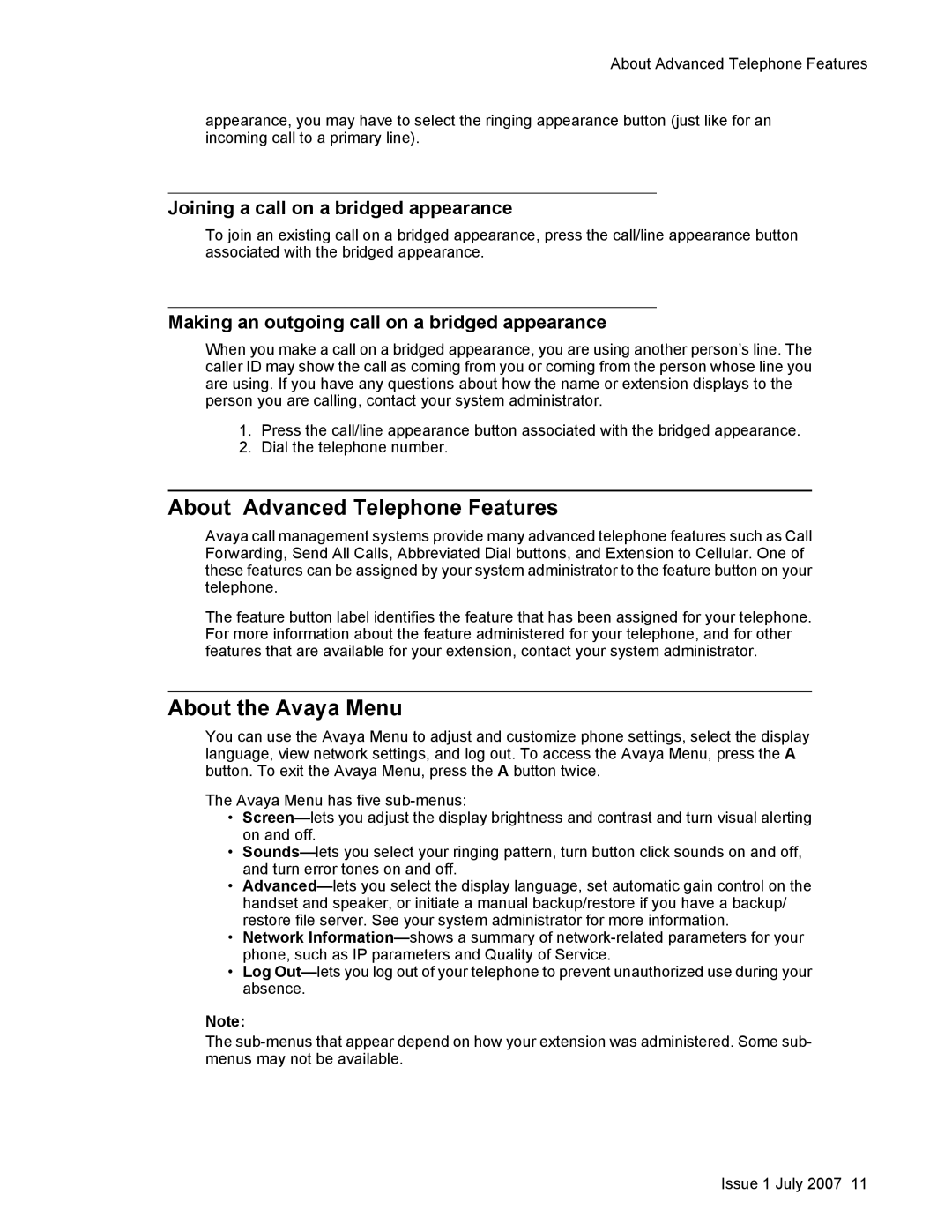 Casio 1603SW manual About Advanced Telephone Features, About the Avaya Menu, Joining a call on a bridged appearance 