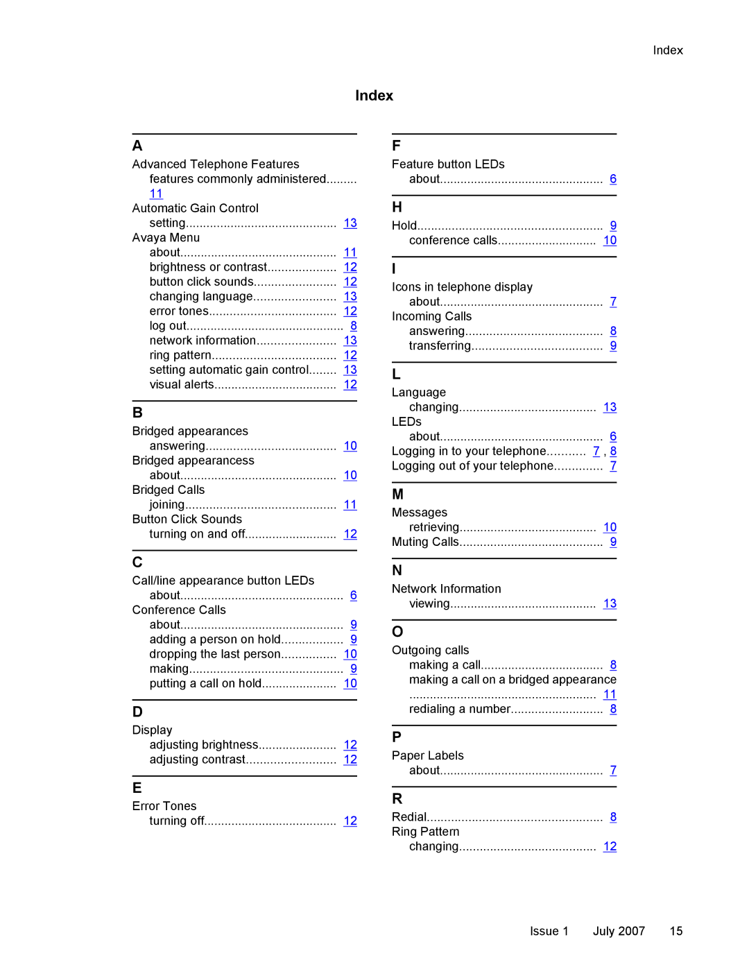 Casio 1603SW manual Index, Avaya Menu 