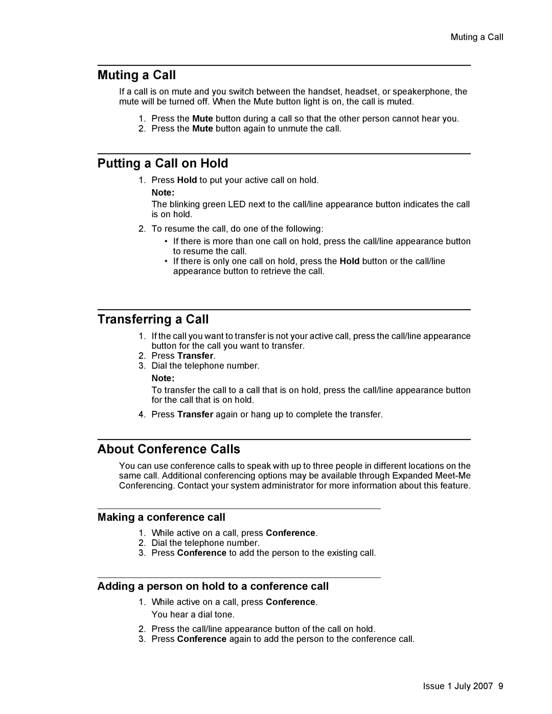 Casio 1603SW manual Muting a Call, Putting a Call on Hold, Transferring a Call, About Conference Calls 