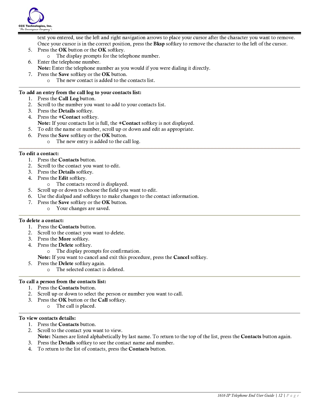 Casio 1616 manual To add an entry from the call log to your contacts list, To edit a contact, To delete a contact 