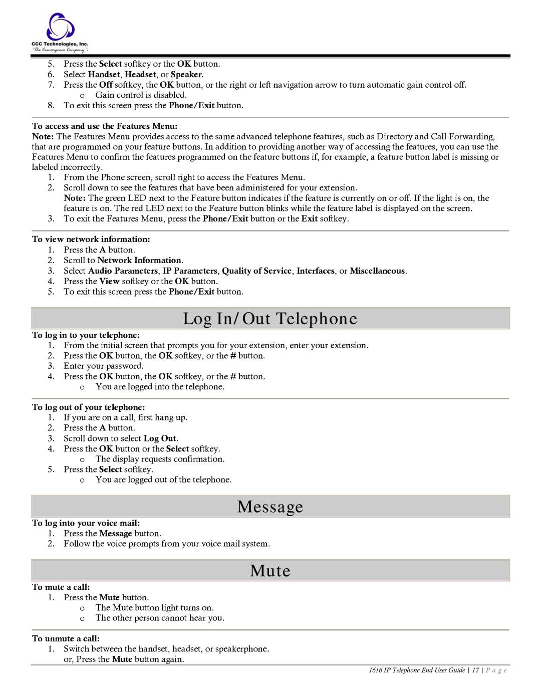 Casio 1616 manual Log In/Out Telephone, Message, Mute 