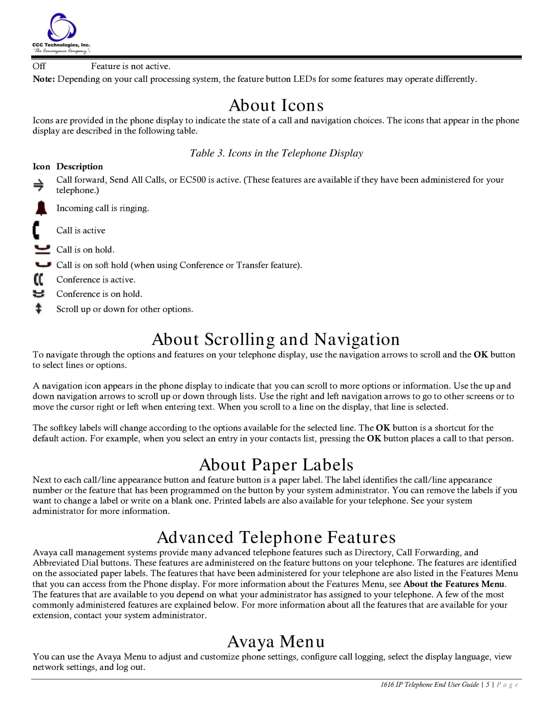 Casio 1616 manual About Icons, About Scrolling and Navigation, About Paper Labels, Advanced Telephone Features, Avaya Menu 