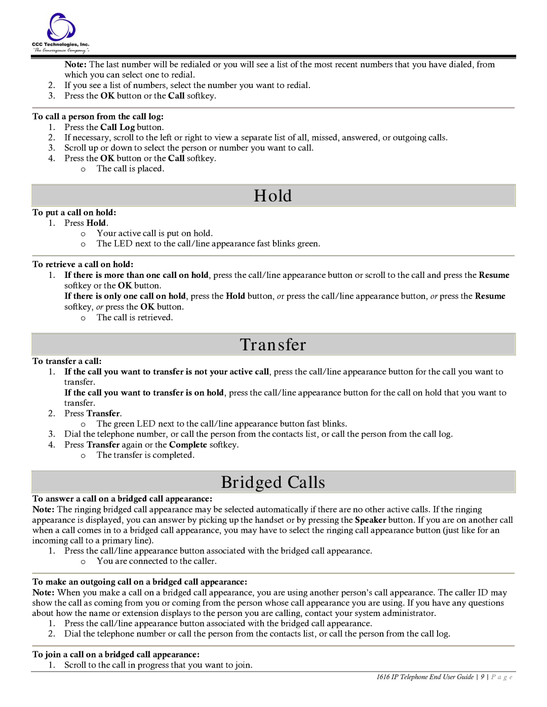 Casio 1616 manual Hold, Transfer, Bridged Calls 