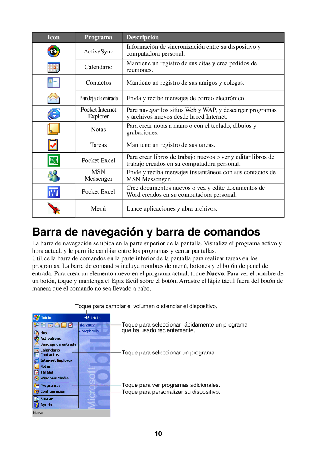 Casio 2002 manual Barra de navegación y barra de comandos, Icon Programa Descripción 