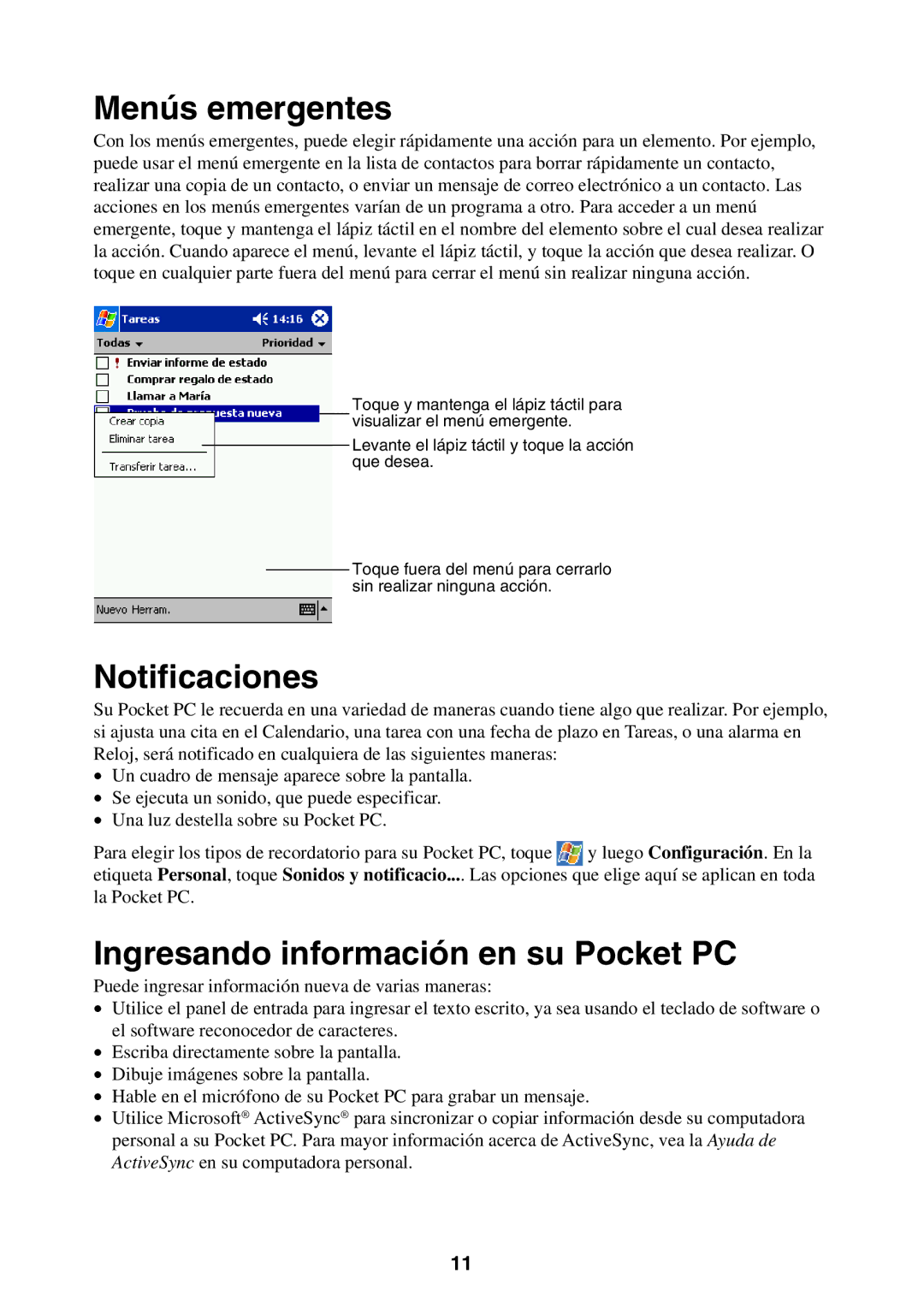 Casio 2002 manual Menús emergentes, Notificaciones, Ingresando información en su Pocket PC 