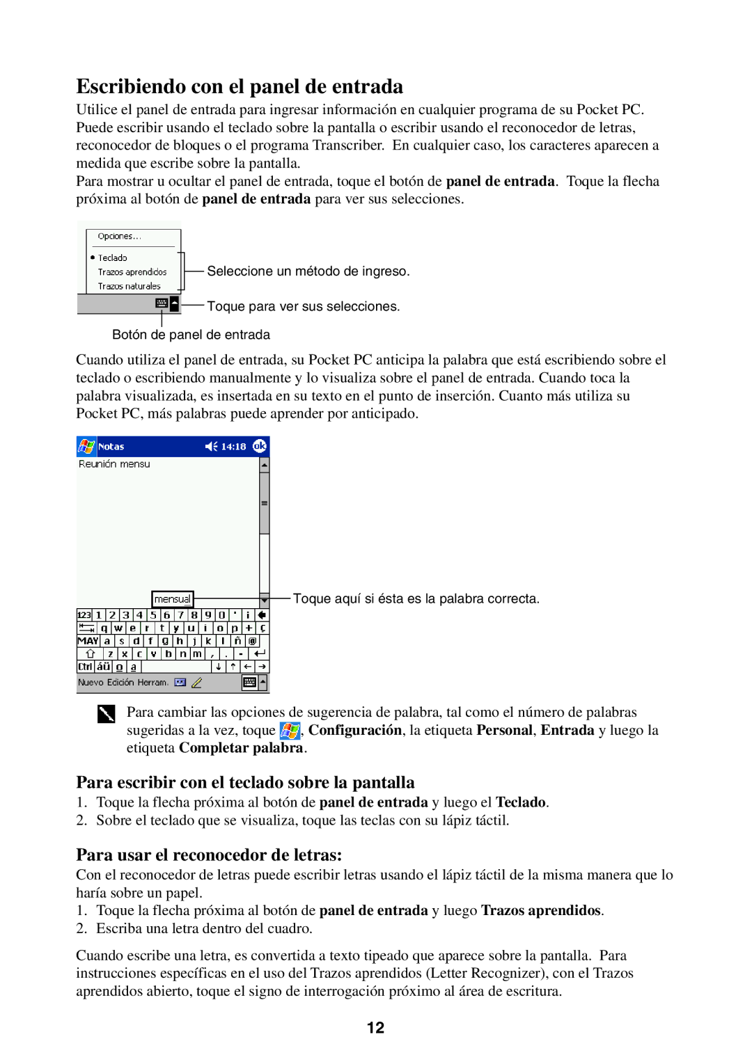 Casio 2002 manual Escribiendo con el panel de entrada, Para escribir con el teclado sobre la pantalla 