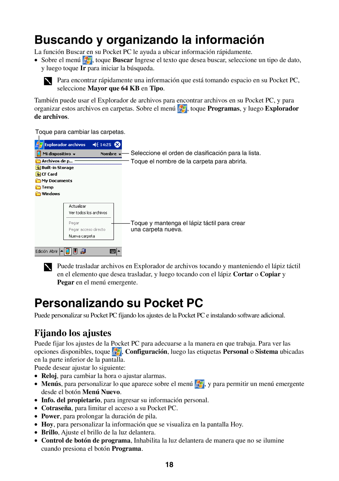 Casio 2002 manual Buscando y organizando la información, Personalizando su Pocket PC, Fijando los ajustes 