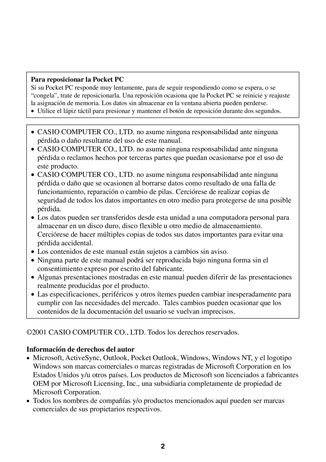 Casio 2002 manual Información de derechos del autor, Para reposicionar la Pocket PC 