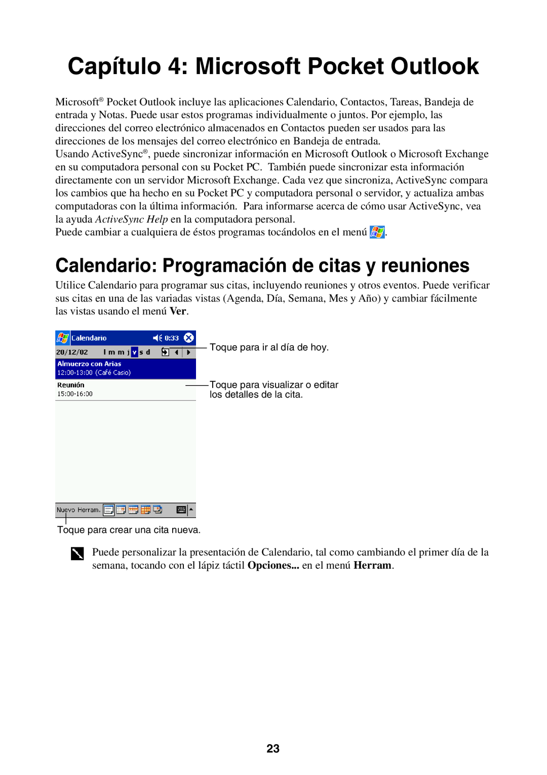 Casio 2002 manual Capítulo 4 Microsoft Pocket Outlook, Calendario Programación de citas y reuniones 