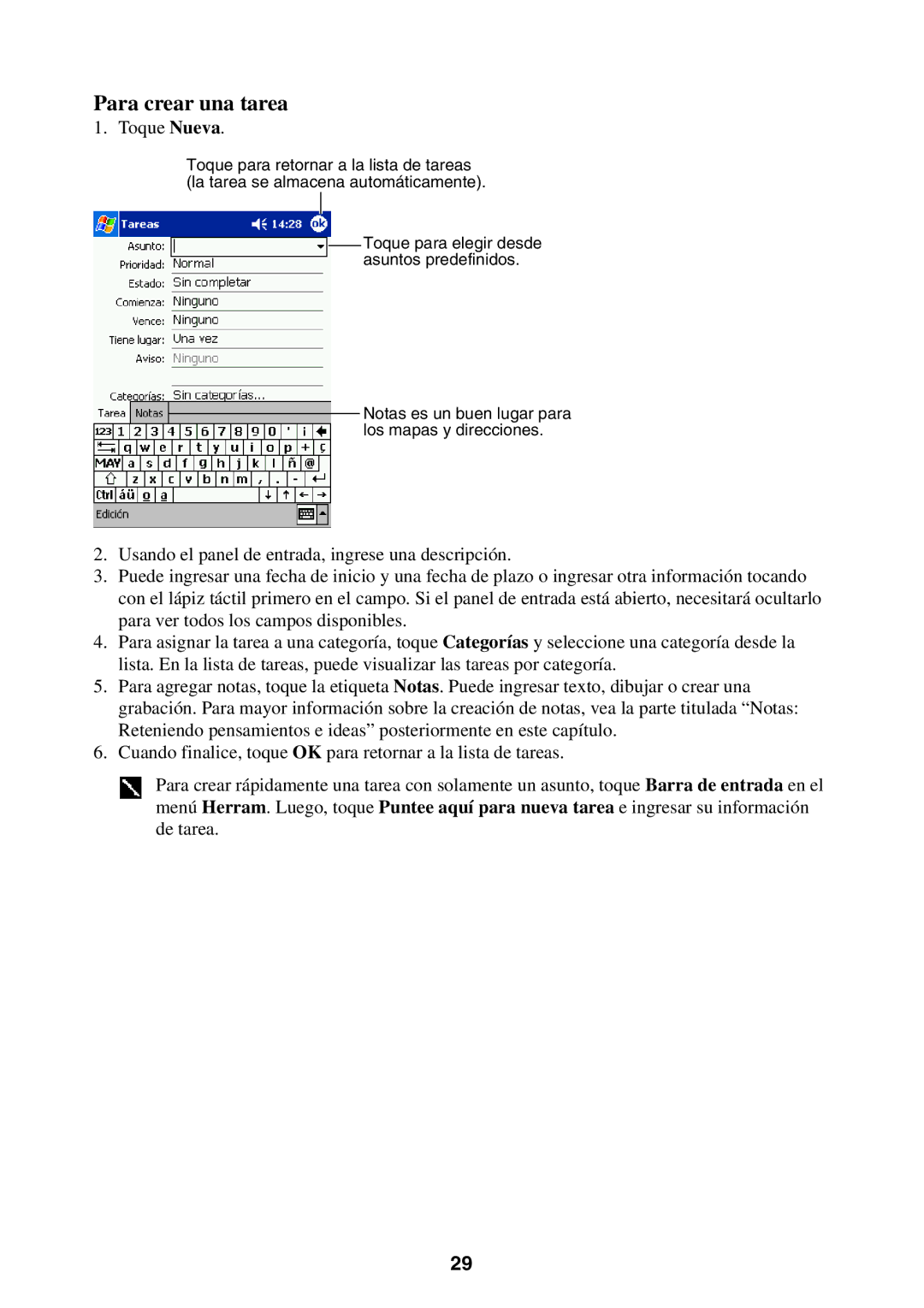 Casio 2002 manual Para crear una tarea, Toque Nueva 