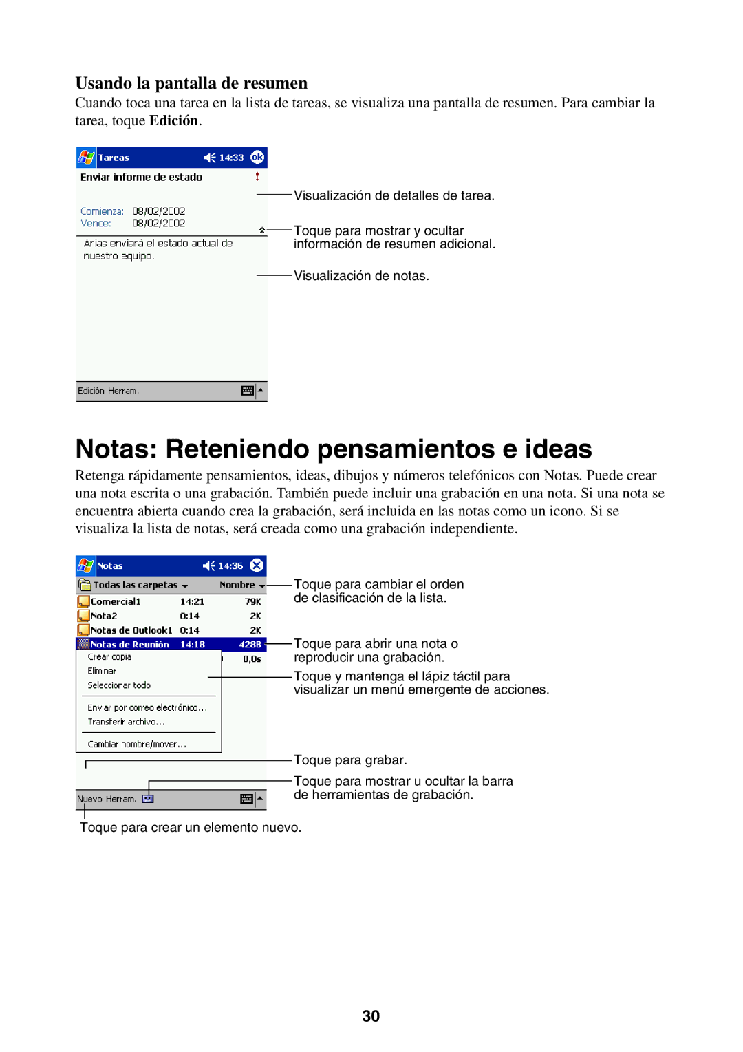 Casio 2002 manual Notas Reteniendo pensamientos e ideas, Usando la pantalla de resumen 