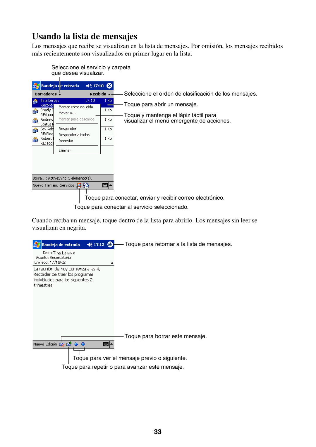 Casio 2002 manual Usando la lista de mensajes 