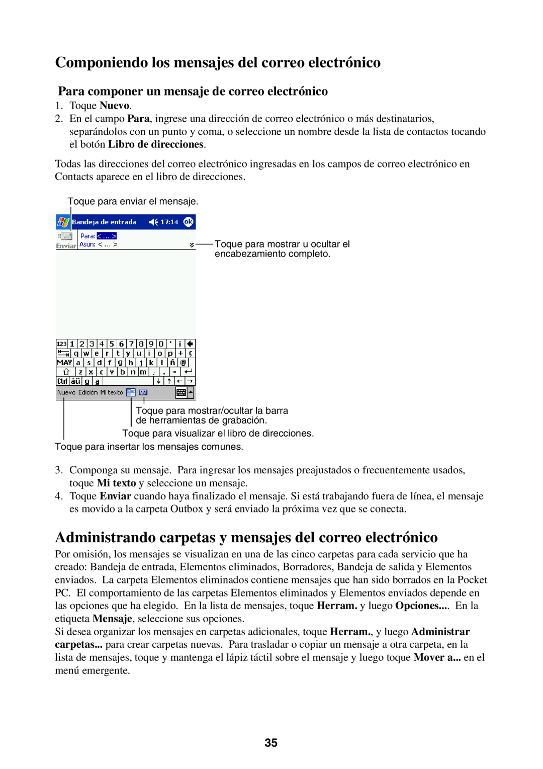 Casio 2002 manual Componiendo los mensajes del correo electrónico, Administrando carpetas y mensajes del correo electrónico 