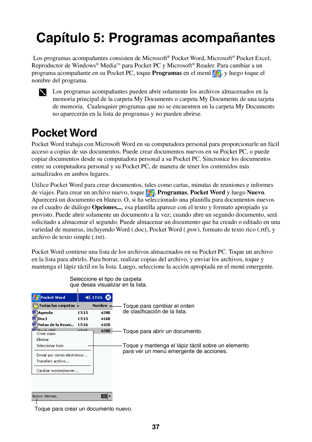 Casio 2002 manual Capítulo 5 Programas acompañantes, Pocket Word 