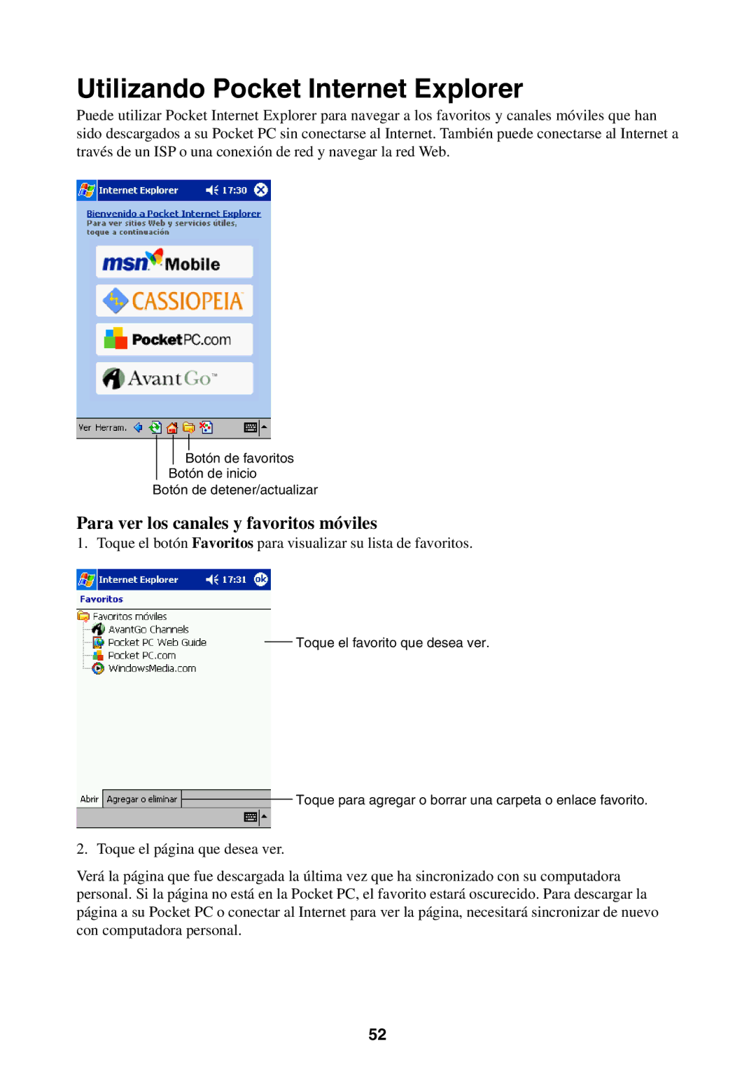 Casio 2002 manual Utilizando Pocket Internet Explorer, Para ver los canales y favoritos móviles 