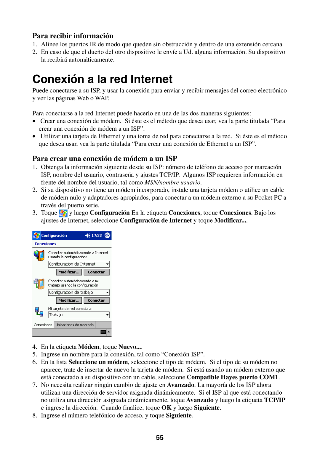 Casio 2002 manual Conexión a la red Internet, Para recibir información, Para crear una conexión de módem a un ISP 