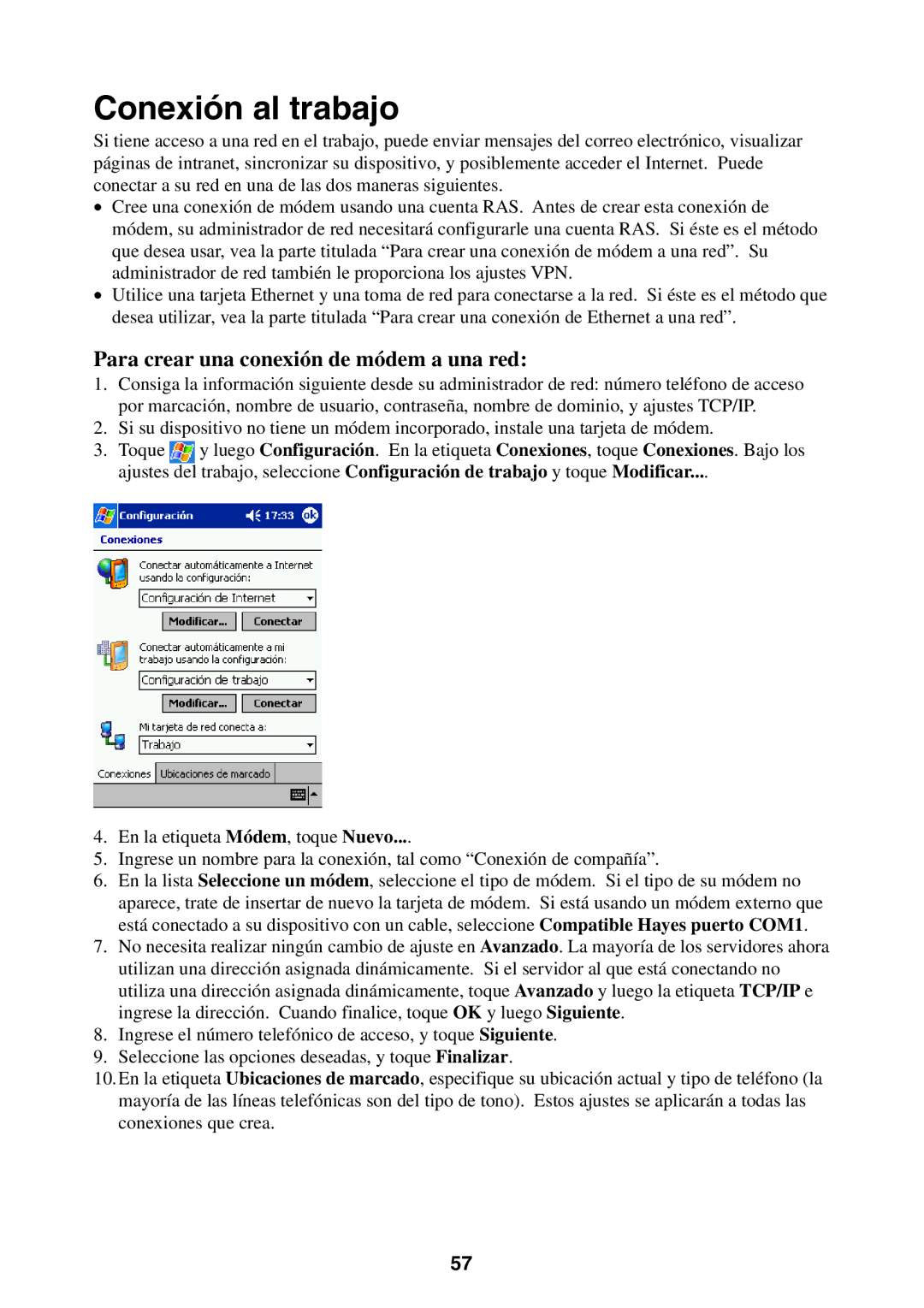 Casio 2002 manual Conexión al trabajo, Para crear una conexión de módem a una red 