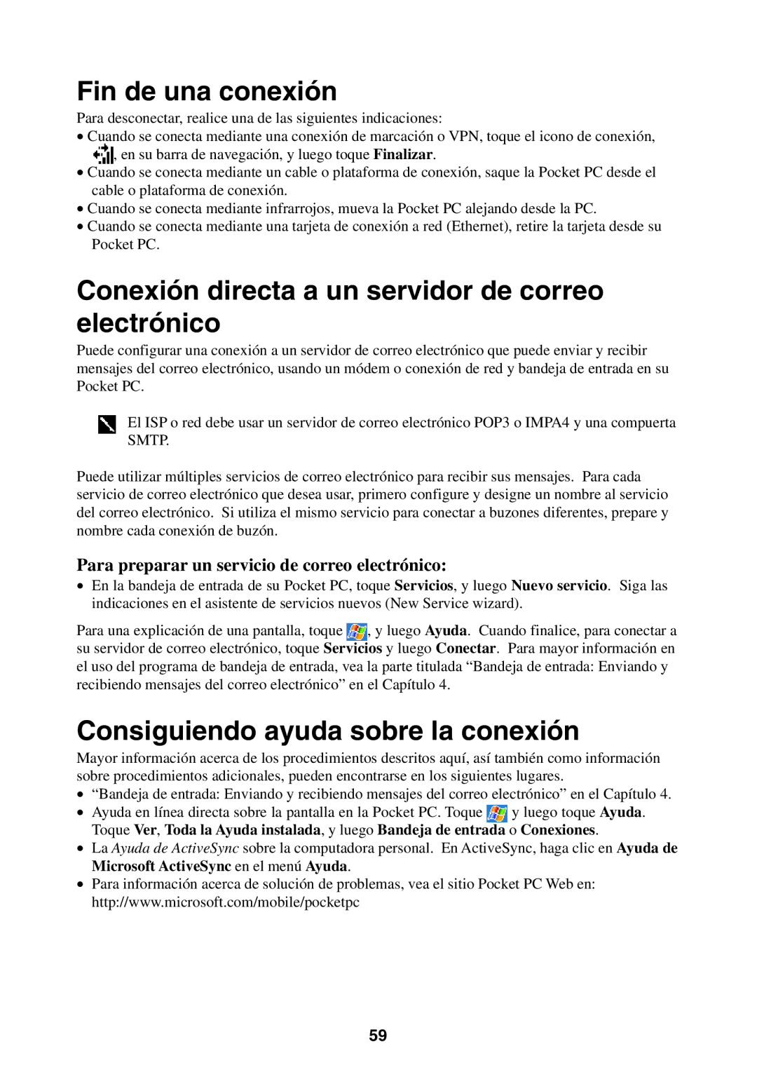 Casio 2002 Fin de una conexión, Conexión directa a un servidor de correo electrónico, Consiguiendo ayuda sobre la conexión 