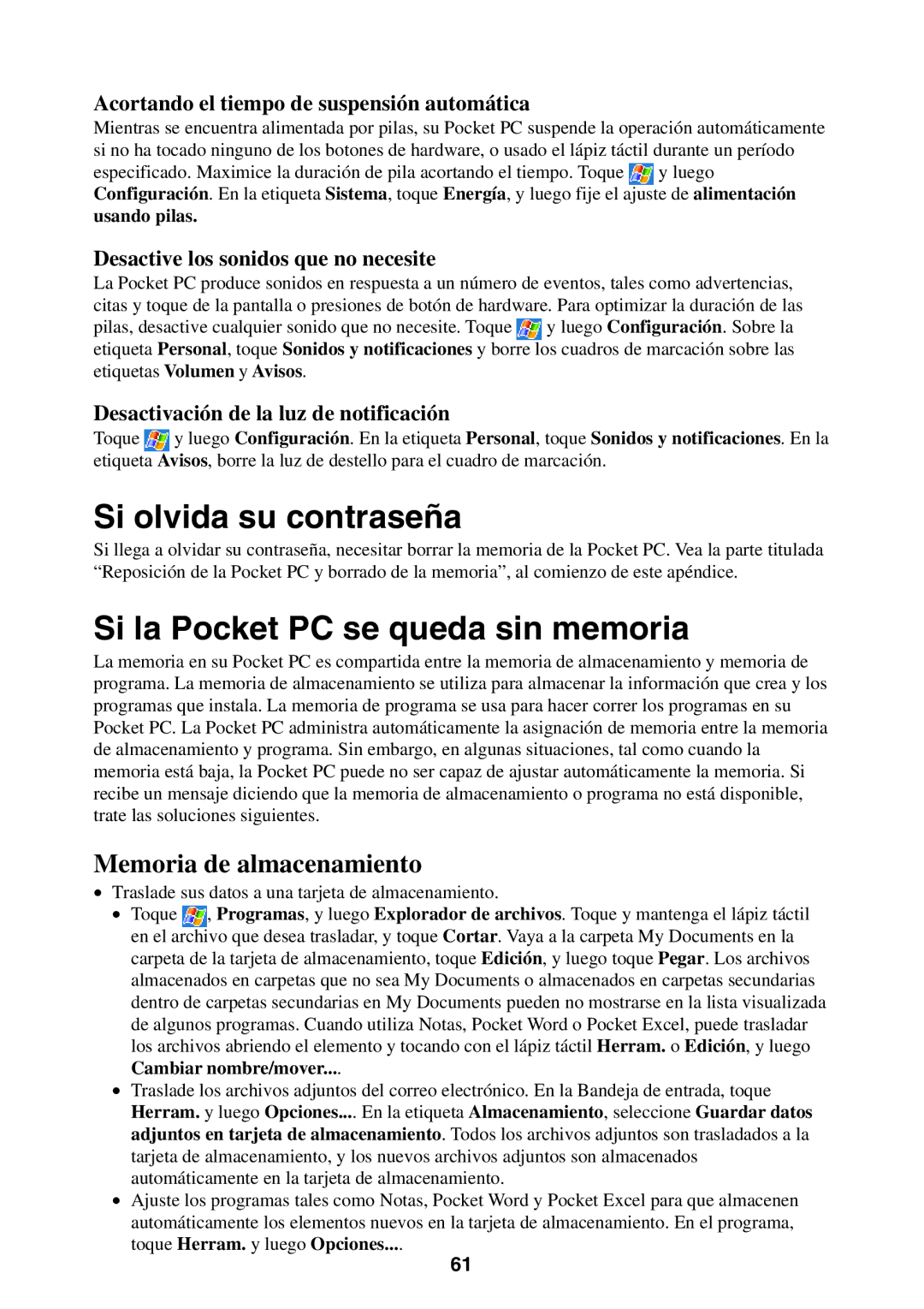 Casio 2002 manual Si olvida su contraseña, Si la Pocket PC se queda sin memoria, Memoria de almacenamiento 