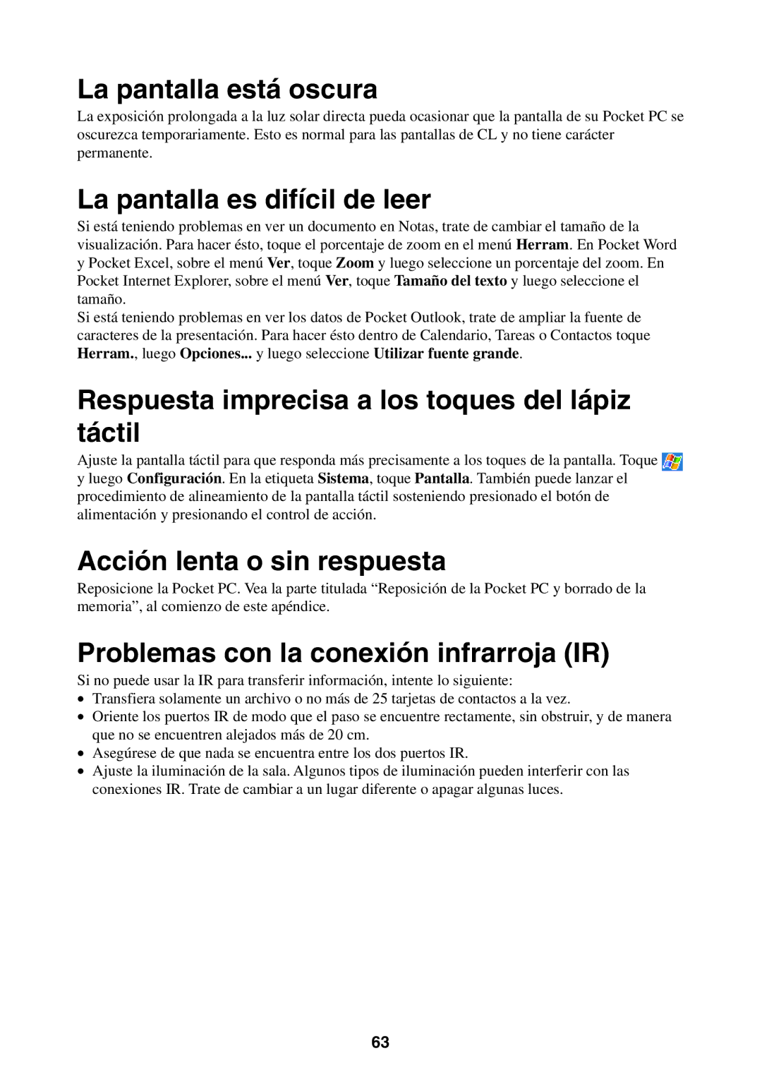 Casio 2002 La pantalla está oscura, La pantalla es difícil de leer, Respuesta imprecisa a los toques del lápiz táctil 