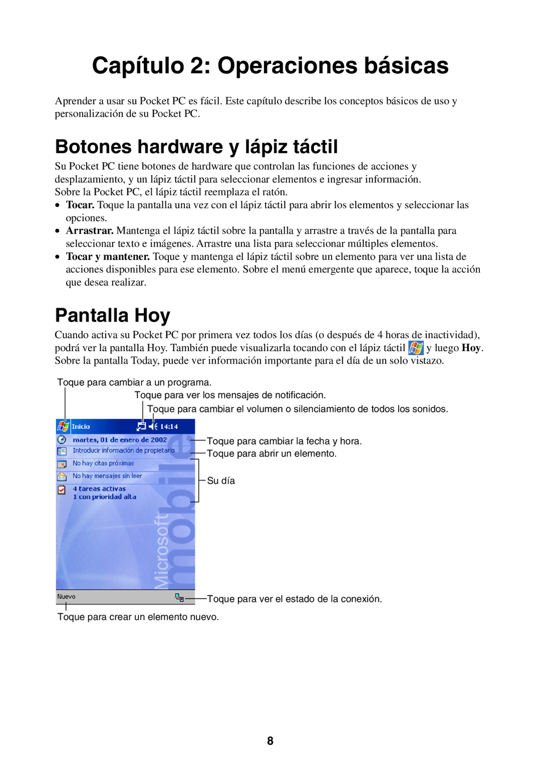 Casio 2002 manual Capítulo 2 Operaciones básicas, Botones hardware y lápiz táctil, Pantalla Hoy 