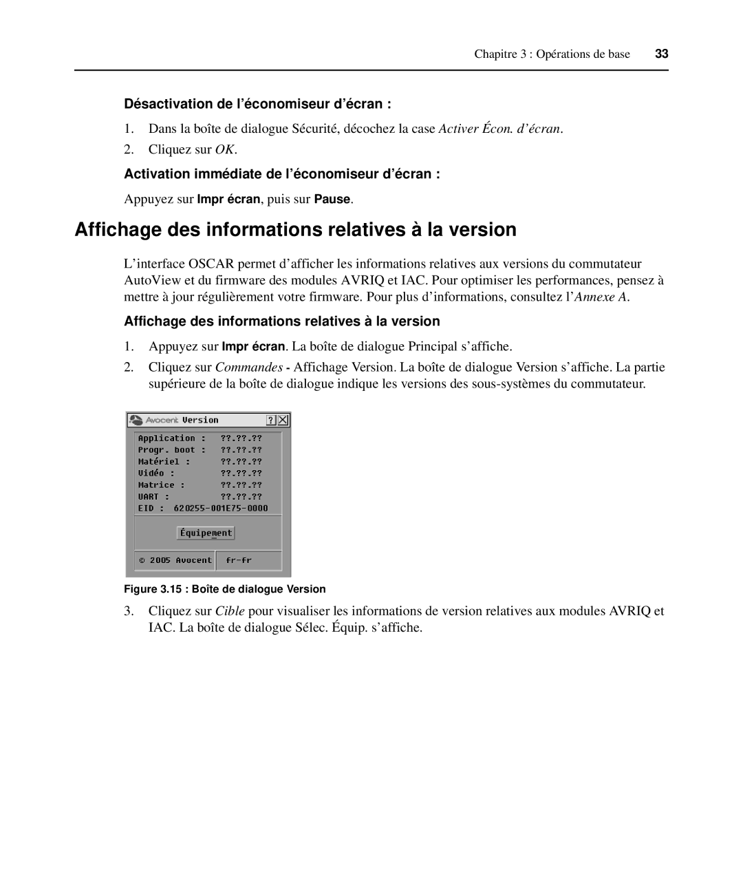 Casio 2015 manual Affichage des informations relatives à la version, Désactivation de l’économiseur d’écran 